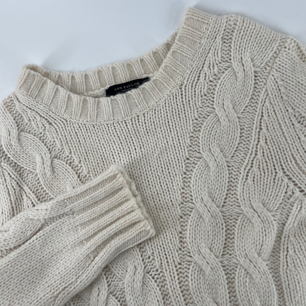 Ann Taylor Petite Cream Cable Knit Merino Wool Alpaca Blend Sweater MP